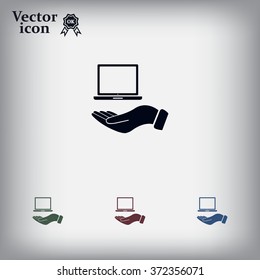 laptop on hand icon, vector illustration. Flat design style