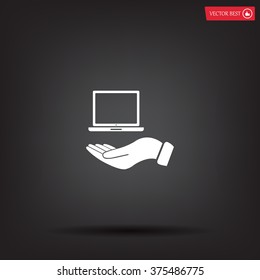 laptop on hand icon, vector illustration. Flat design style