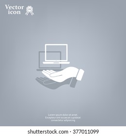 laptop on hand icon, vector illustration. Flat design style