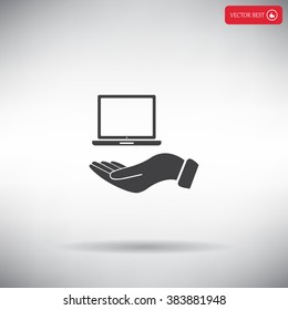 laptop on hand icon, vector illustration. Flat design style