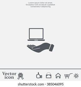 laptop on hand icon, vector illustration. Flat design style