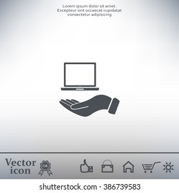 laptop on hand icon, vector illustration. Flat design style