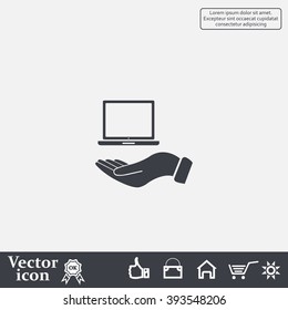 laptop on hand icon, vector illustration. Flat design style