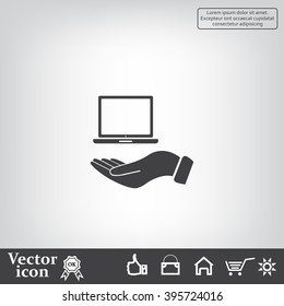 laptop on hand icon, vector illustration. Flat design style