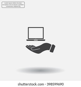 laptop on hand icon, vector illustration. Flat design style