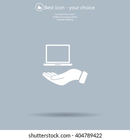laptop on hand icon, vector illustration. Flat design style