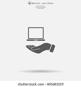 laptop on hand icon, vector illustration. Flat design style