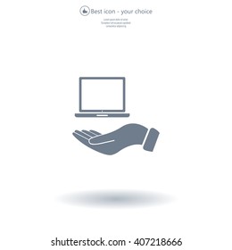laptop on hand icon, vector illustration. Flat design style