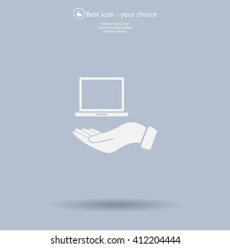 laptop on hand icon, vector illustration. Flat design style