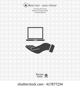 laptop on hand icon, vector illustration. Flat design style