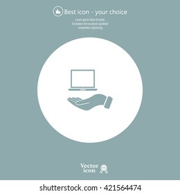 laptop on hand icon, vector illustration. Flat design style