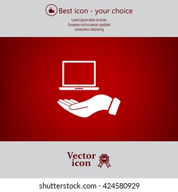 laptop on hand icon, vector illustration. Flat design style