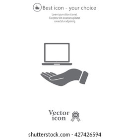 laptop on hand icon, vector illustration. Flat design style