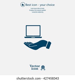 laptop on hand icon, vector illustration. Flat design style