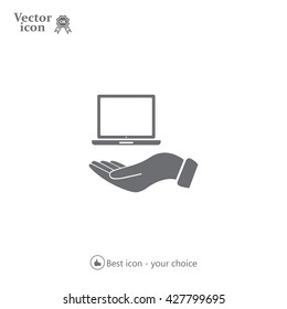 laptop on hand icon, vector illustration. Flat design style