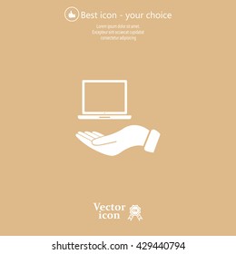 laptop on hand icon, vector illustration. Flat design style