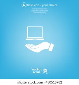 laptop on hand icon, vector illustration. Flat design style