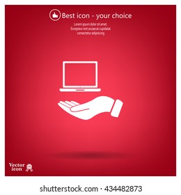 laptop on hand icon, vector illustration. Flat design style