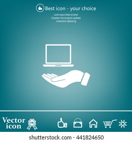 laptop on hand icon, vector illustration. Flat design style
