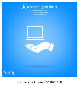 laptop on hand icon, vector illustration. Flat design style