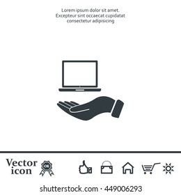 laptop on hand icon, vector illustration. Flat design style