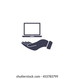 laptop on hand icon, vector illustration. Flat design style