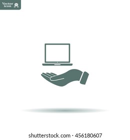 laptop on hand icon, vector illustration. Flat design style