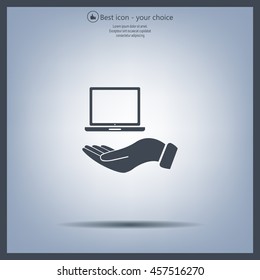 laptop on hand icon, vector illustration. Flat design style