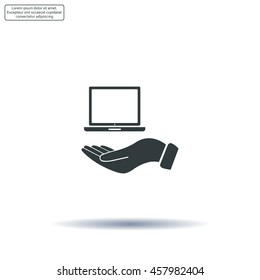 laptop on hand icon, vector illustration. Flat design style