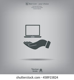 laptop on hand icon, vector illustration. Flat design style