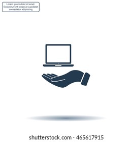 laptop on hand icon, vector illustration. Flat design style