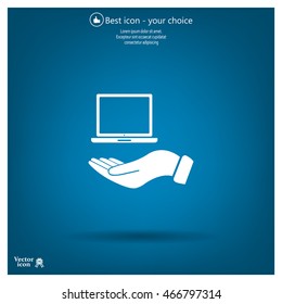 laptop on hand icon, vector illustration. Flat design style