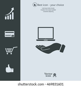 laptop on hand icon, vector illustration. Flat design style