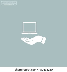 laptop on hand icon, vector illustration. Flat design style