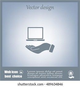 laptop on hand icon, vector illustration. Flat design style
