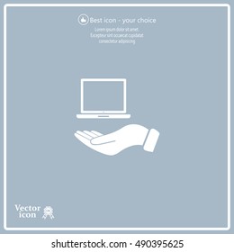 laptop on hand icon, vector illustration. Flat design style