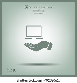 laptop on hand icon, vector illustration. Flat design style