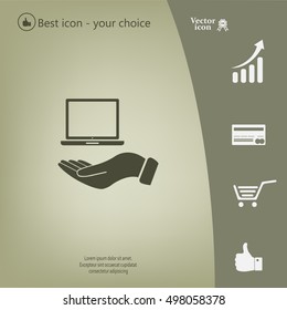 laptop on hand icon, vector illustration. Flat design style