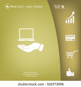 laptop on hand icon, vector illustration. Flat design style