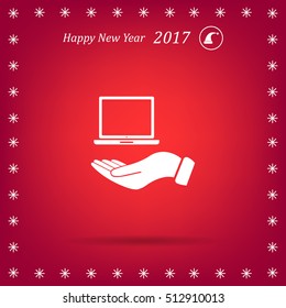 laptop on hand icon, vector illustration. Flat design style