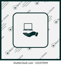 laptop on hand icon, vector illustration. Flat design style