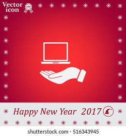 laptop on hand icon, vector illustration. Flat design style