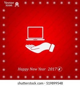 laptop on hand icon, vector illustration. Flat design style