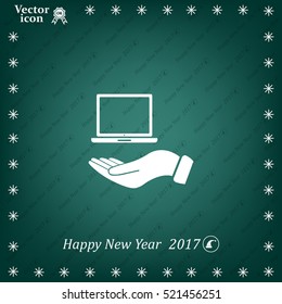 laptop on hand icon, vector illustration. Flat design style