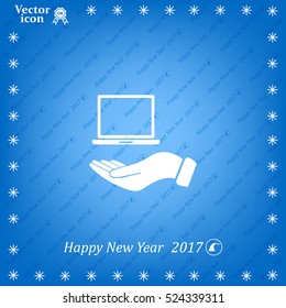 laptop on hand icon, vector illustration. Flat design style