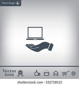 laptop on hand icon, vector illustration. Flat design style