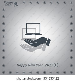 laptop on hand icon, vector illustration. Flat design style