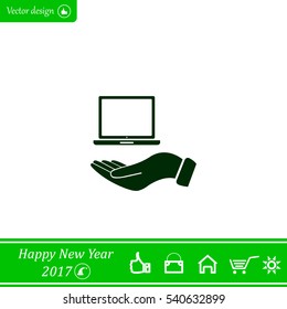 laptop on hand icon, vector illustration. Flat design style