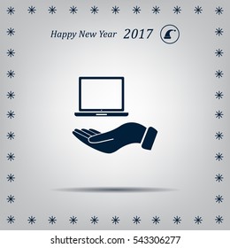 laptop on hand icon, vector illustration. Flat design style