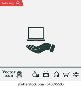 laptop on hand icon, vector illustration. Flat design style